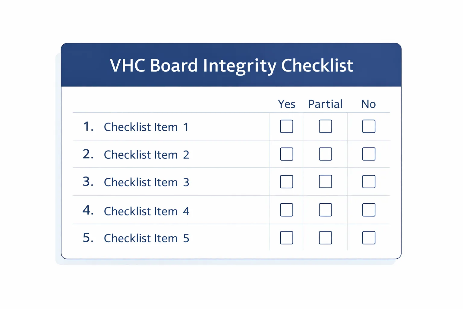 VHC Board Integrity Checklist Card
